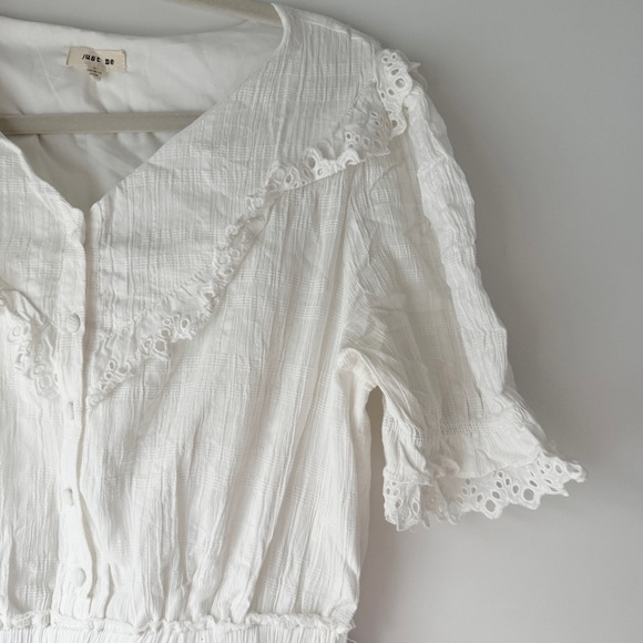 JUST ME ROMANTIC COTTAGE WHITE RUFFLE TIERED LOVESHACK MINI DRESS - Picture 7 of 9